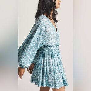 Blue Pleated Long Sleeve Sundress for Wedding Guest
